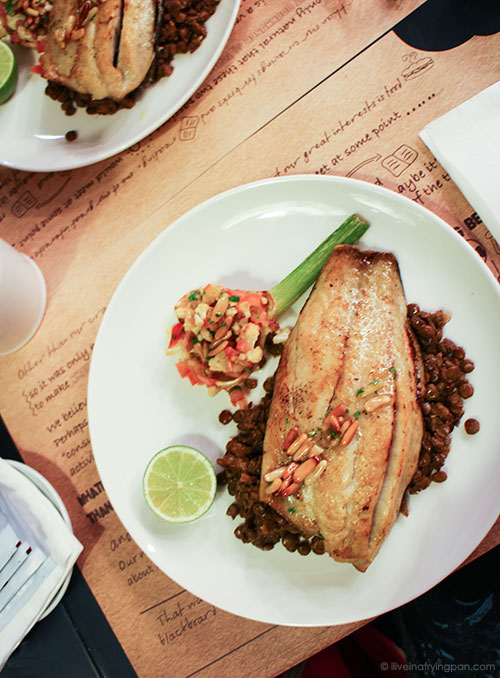 Seabream with lentils and pine nut salsa - Dima Sharif at Book Munch Cafe